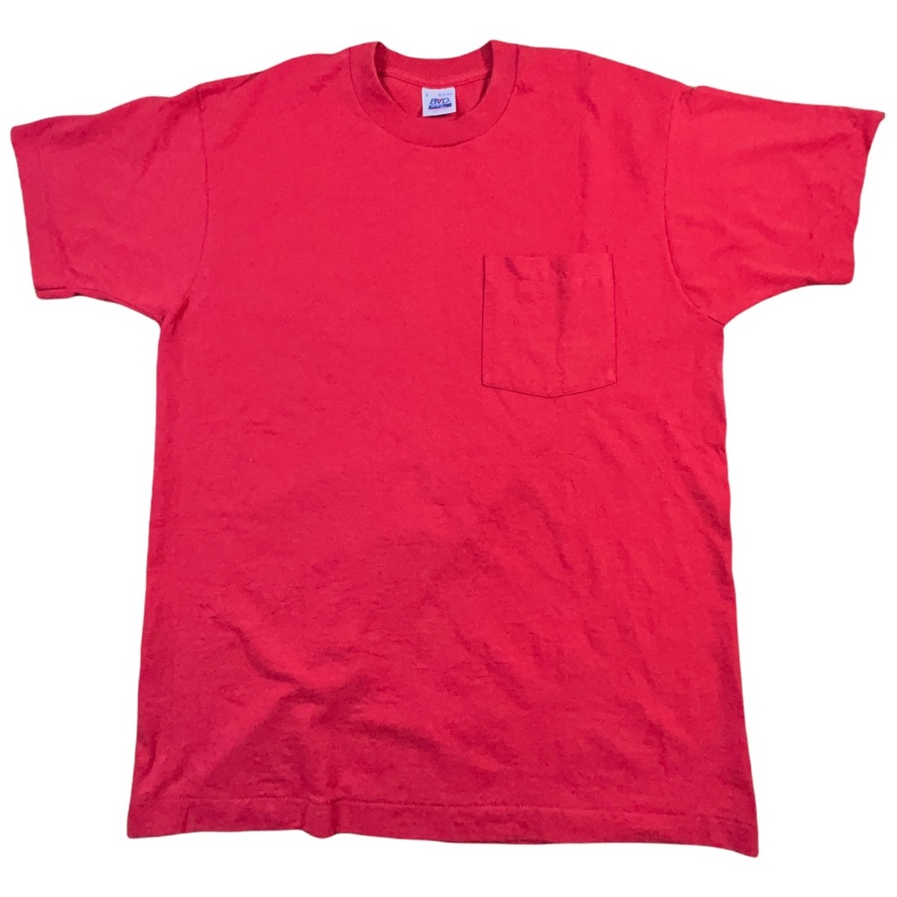 Vintage BVD 50/50 Single Stitch Red Blank Pocket Tshirt size-Large